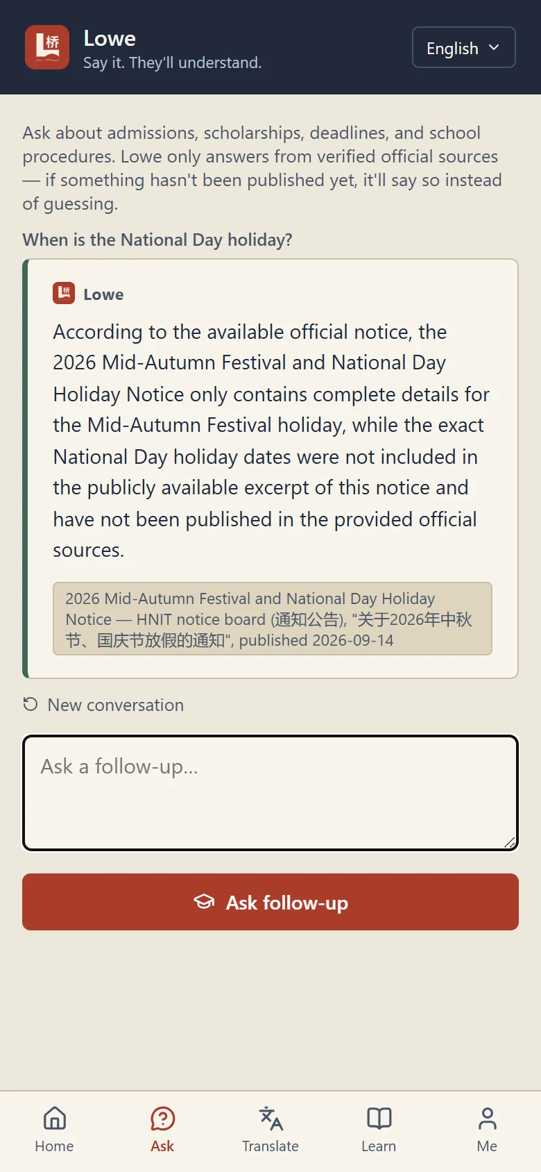 Ask: answers with official sources